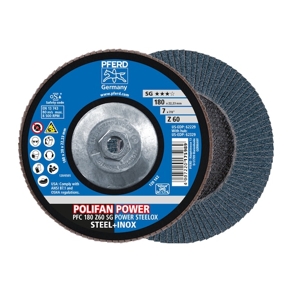 Pferd 7" x 5/8-11 Thd. POLIFAN Flap Disc - Z SG POWER STEELOX, Zirconia, 60 Grit, Conical 62329 - main